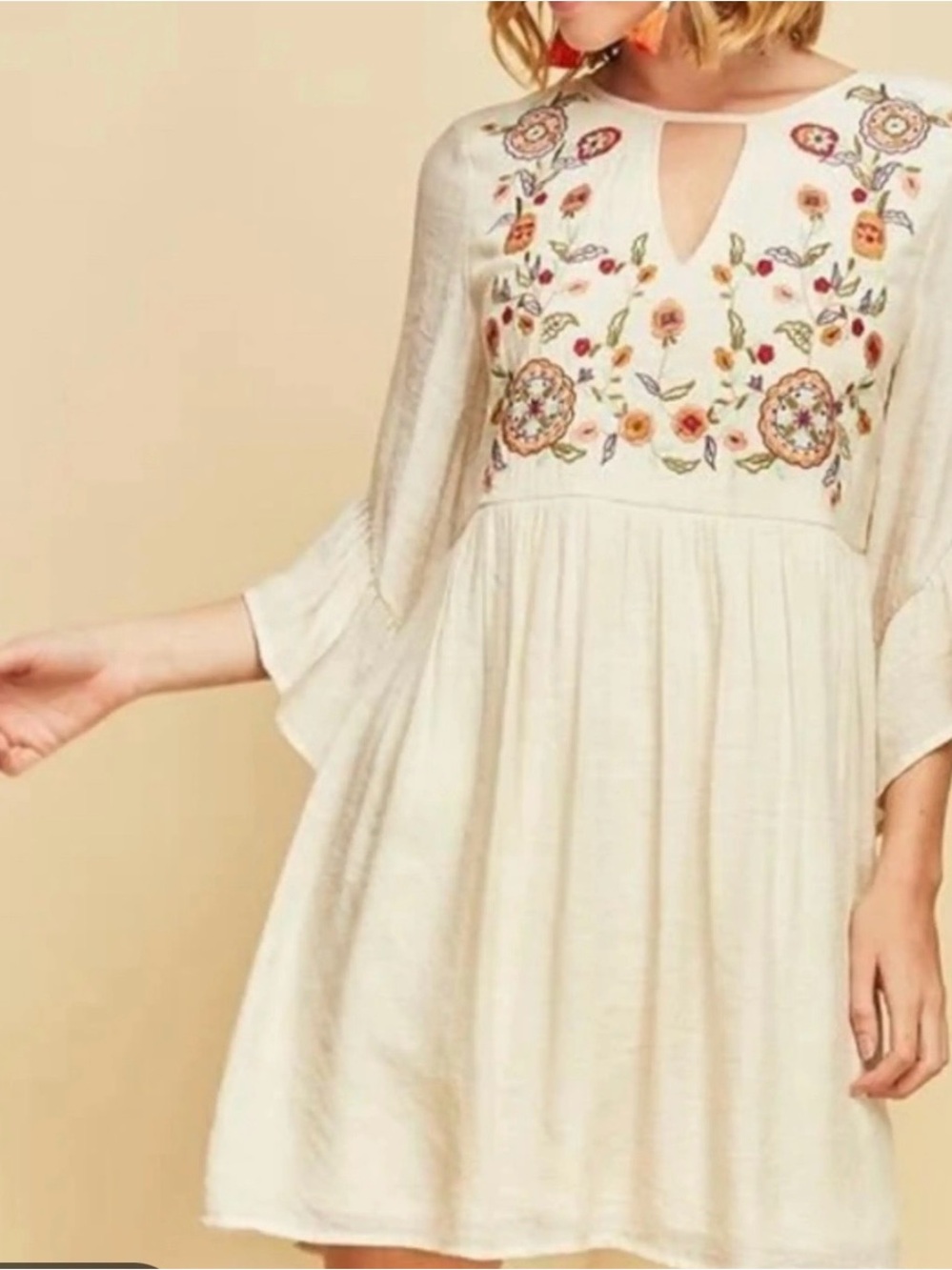 Entro Cream Embroidered Mini Dress or Tunic with Floral Motif